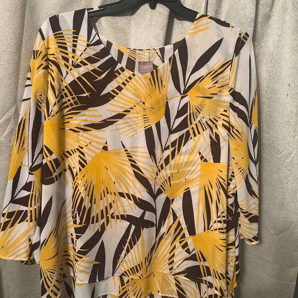 Chico's Yellow, White & Brown Abstract Sleeveless Top